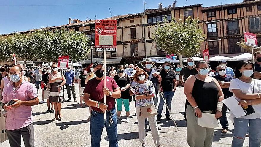 Asistentes portan pancartas contra el trazado de la línea aérea. | M. J. C.