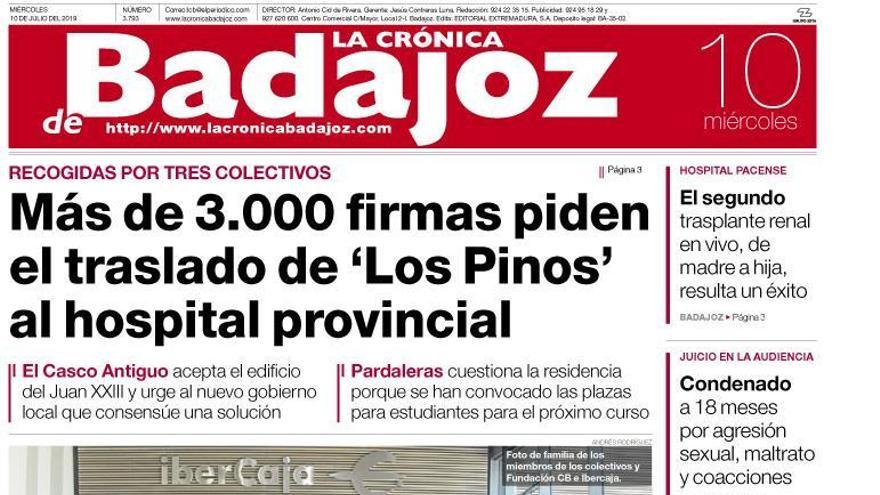 Esta es la portada de LA CRÓNICA DE BADAJOZ correspondiente al día 10 de julio del 2019