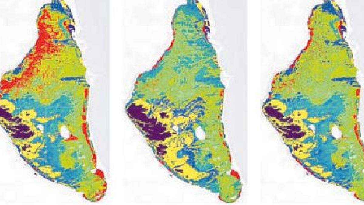 En rojo, el crecimiento de biomasa en el agua en mayo de 2022. ICMAN