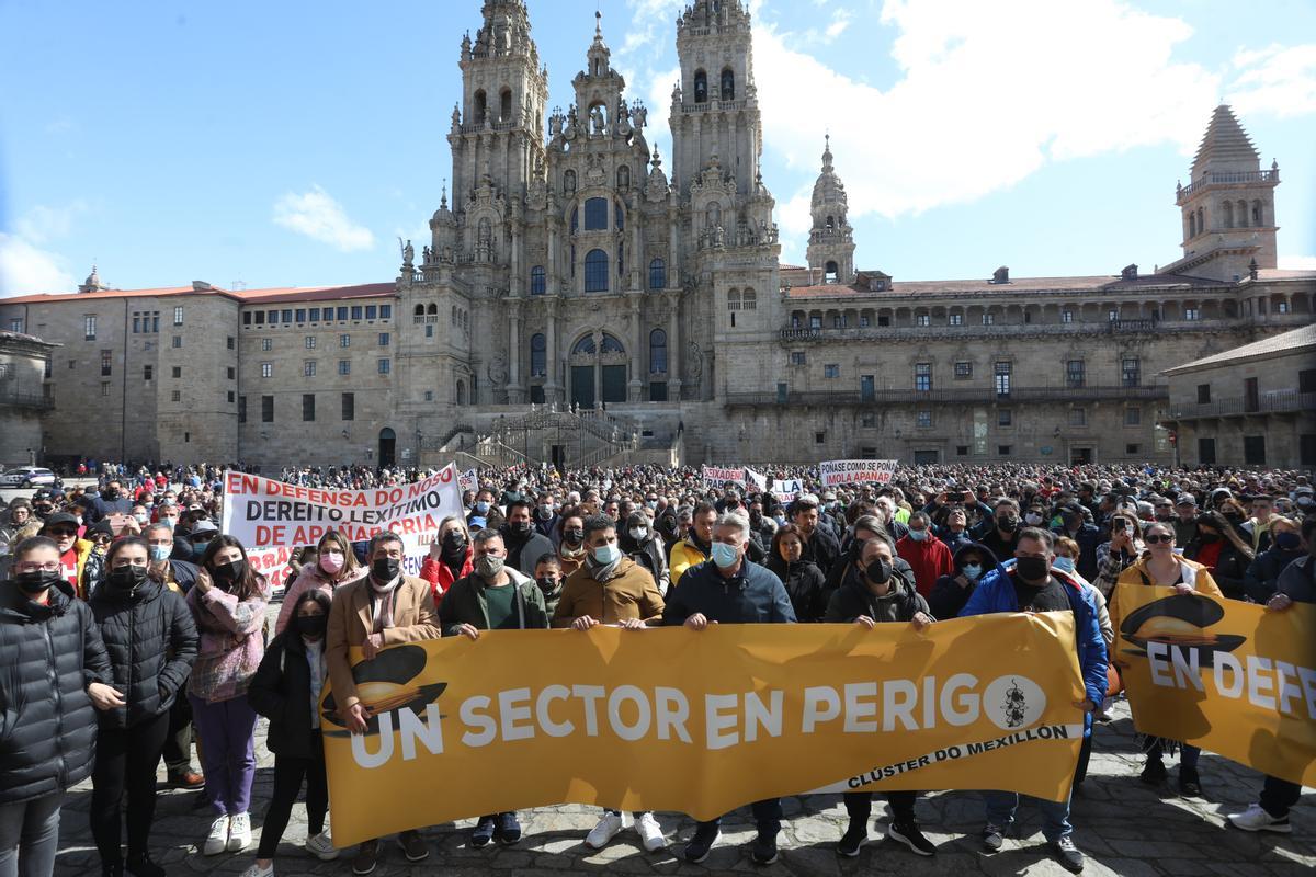 Una protesta del sector mejillonero en la Praza do Obradoiro, en Santiago.