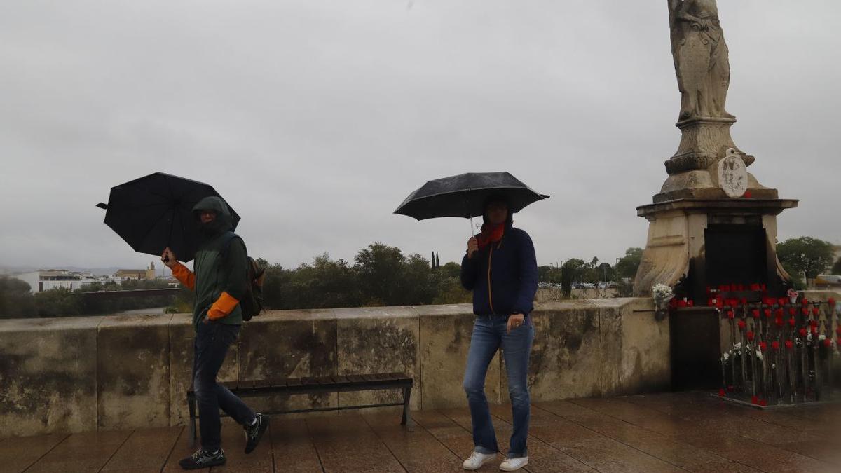 Paraguas en el Puente Romano de Córdoba, en imagen de archivo.