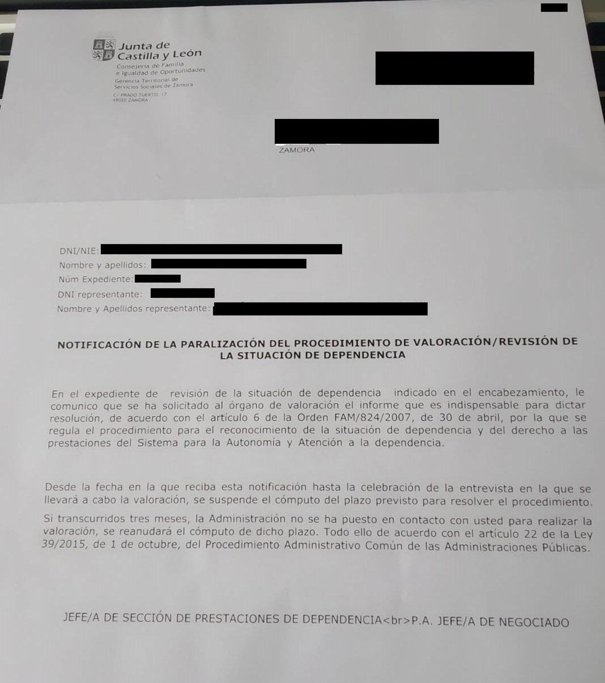 Carta de suspensión del procedimiento
