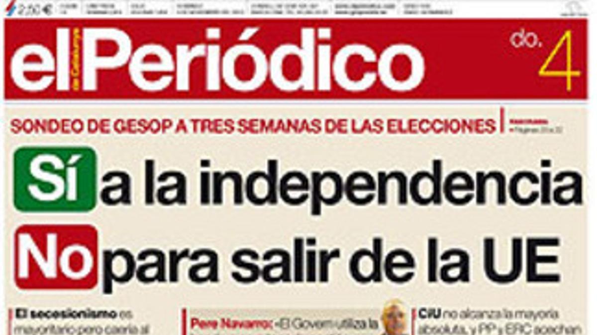 La portada de EL PERIÓDICO DE CATALUNYA de este domingo 4 de noviembre.