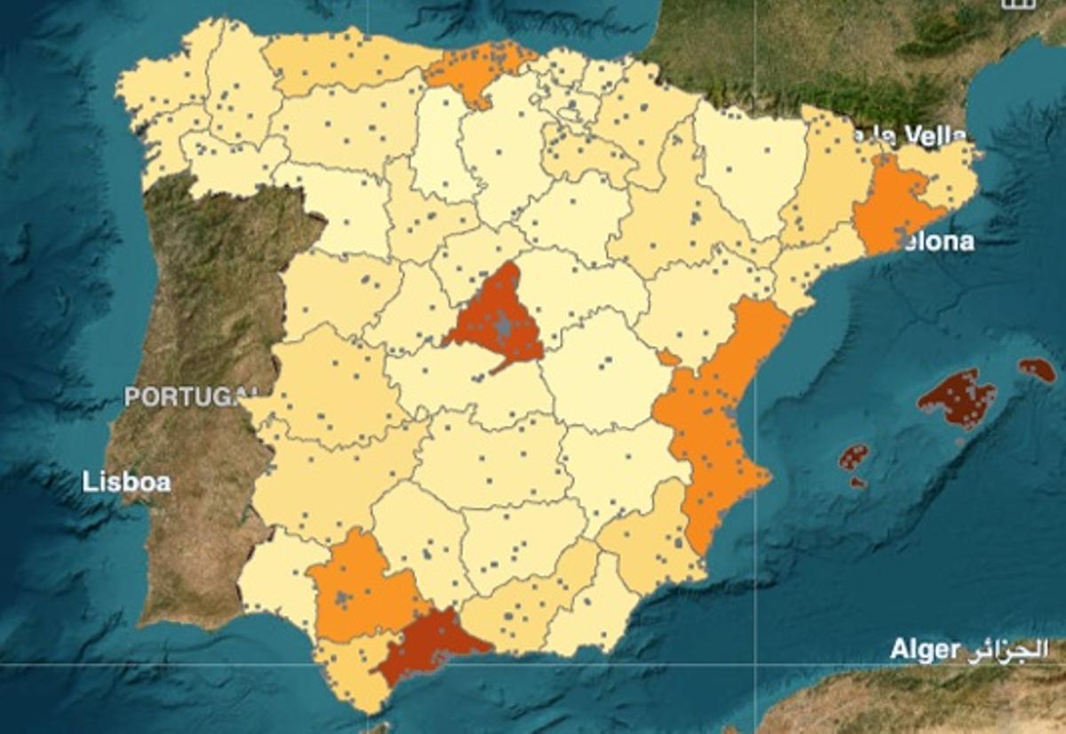 Mapa de la inversión hotelera en España, donde Madrid lidera en volumen.