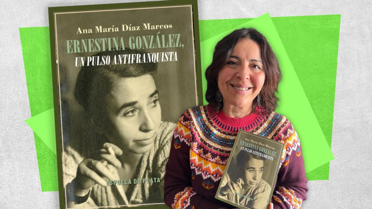 Ana María Díaz Marcos con el libro sobre Ernestina González, que aparece en blanco y negro en esta imagen.