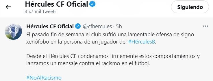 Tuit publicado por el club durante la mañana denunciando los hechos racistas.