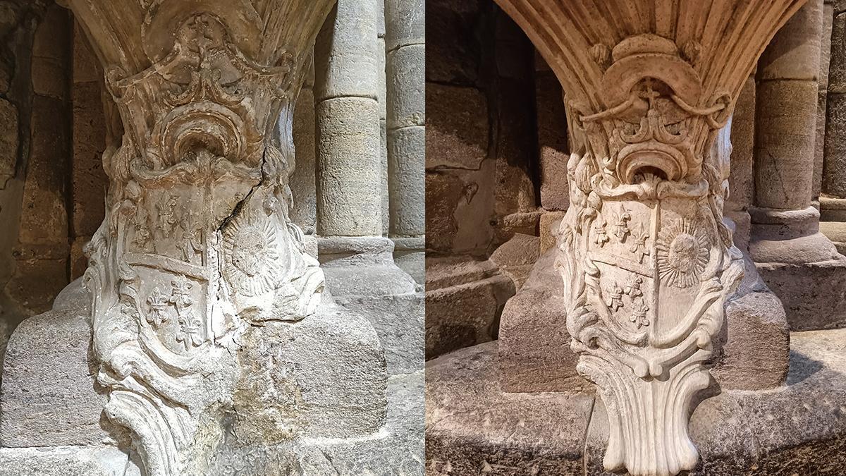 El antes y el después de la restauración del escurdo del obispo González Pisador.
