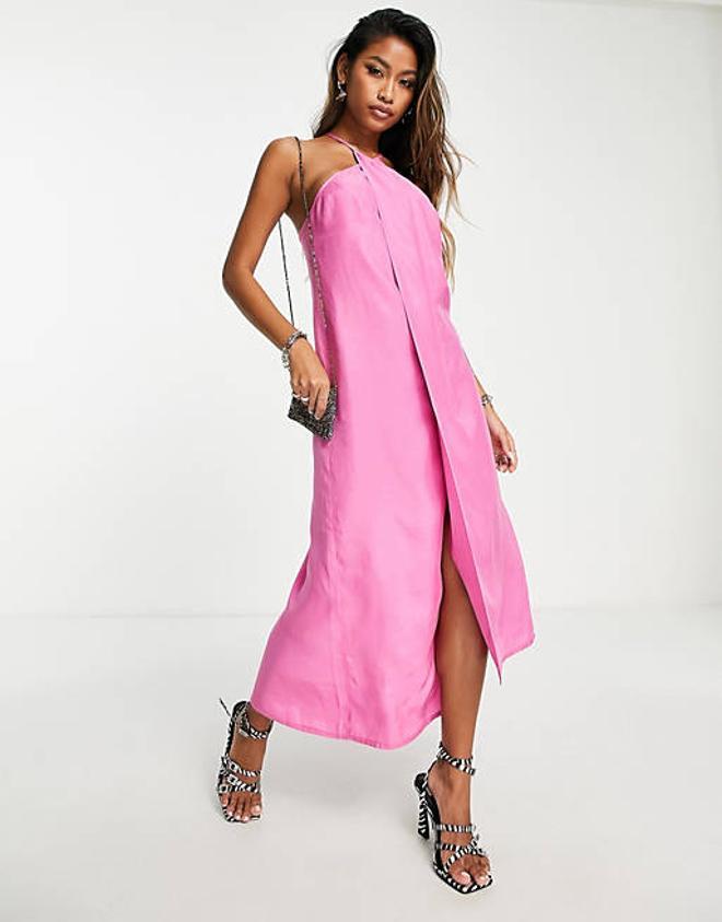 Vestido lencero midi rosa fucsia de tirantes de Topshop