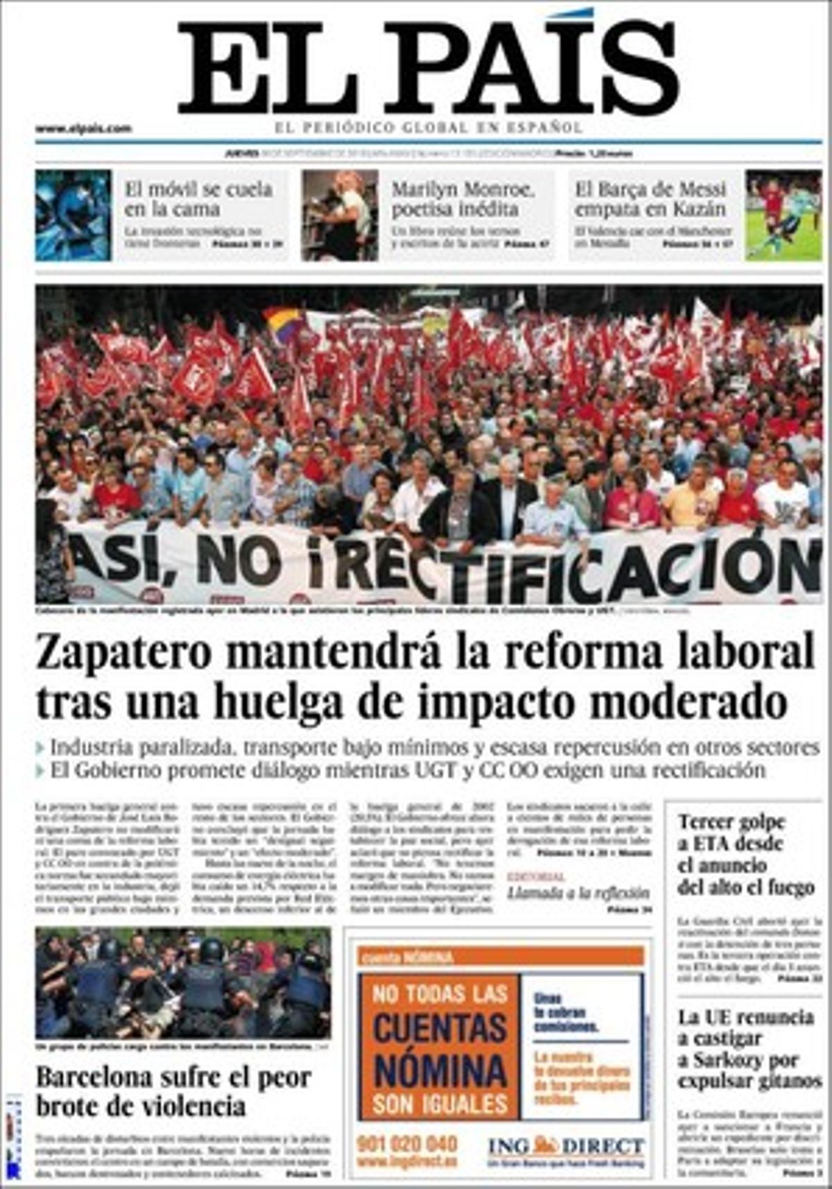 ’El País’ dedica 10 pàgines al 29-S espanyol i 5 més al català. Destaca a més com a tema propi que la suspensió d’un jutge de l’Audiència Nacional, Manuel Arce, pels seus endarreriments escandalosos, obligarà a repetir 238 judicis celebrats però no sentenciats per aquest magistrat. També destaca que el Banc Central Europeu alerta de conductes de risc en la banca per la guerra del passiu, la primícia de la publicació de versos inèdits de Marilyn Monroe i que el Liceu fitxa Josep Pons.