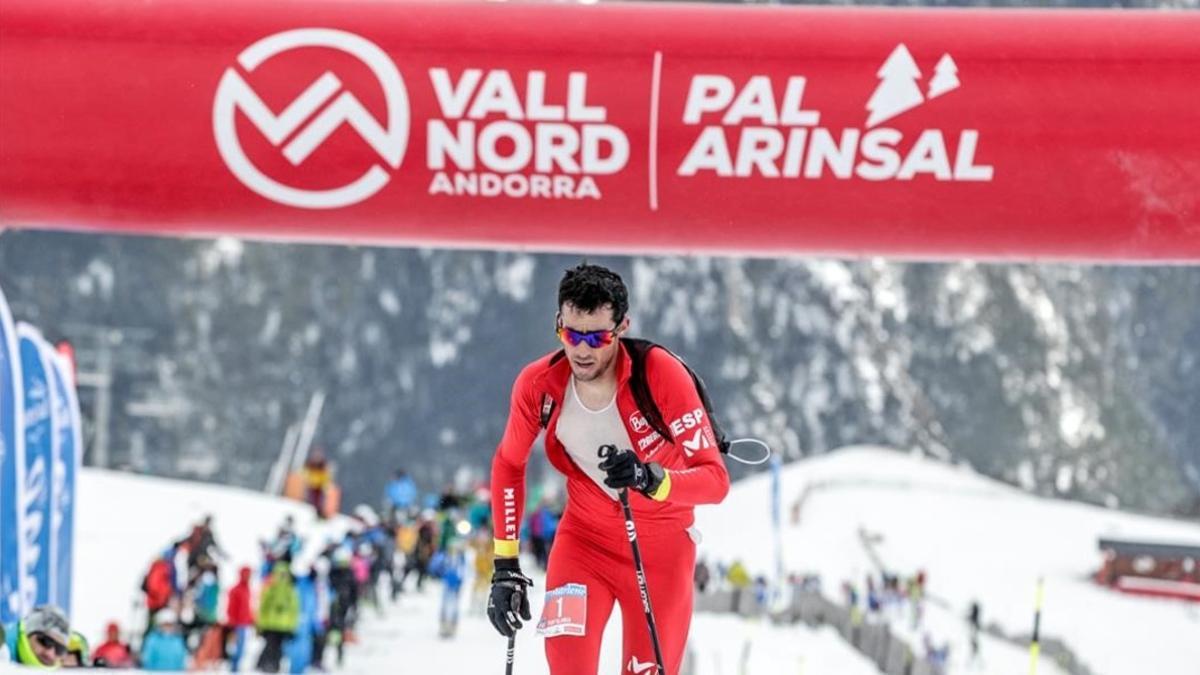 Kilian Jornet, a punto de cruzar la meta en segunda posición en el kilómetro vertical de la Copa del Mundo en Vallnord.