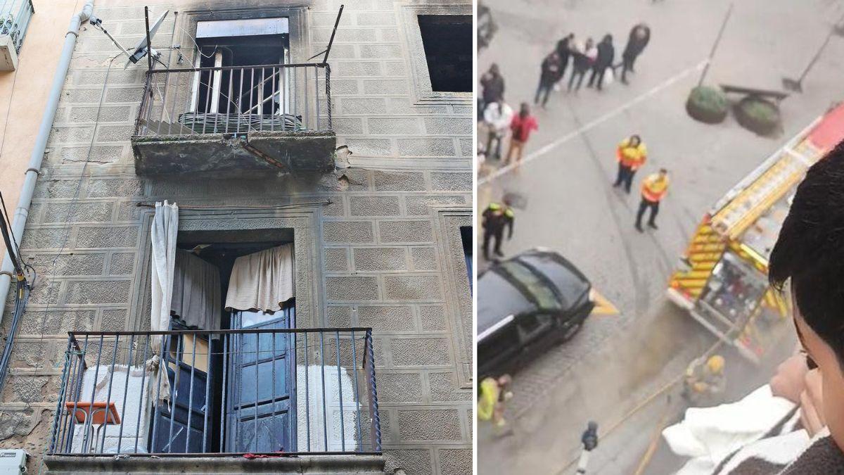 A l'esquerra, l'immoble afectat. A la dreta, les imatges que el propi Nicolai va gravar de l'inici del rescat de la seva família amb el cotxe escala dels Bombers de la Generalitat