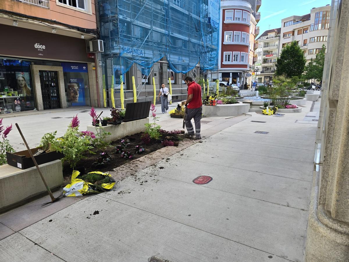 Los operarios municipales se encargan esta mañana de recuperar los deteriorados jardines de la peatonalizada calle de Arzobispo Lago, en Vilagarcía.