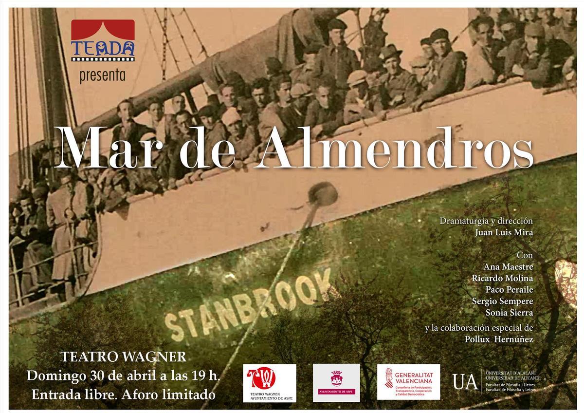 El cartel publicitario de la obra teatral Mar Almendros que se representará en Aspe.