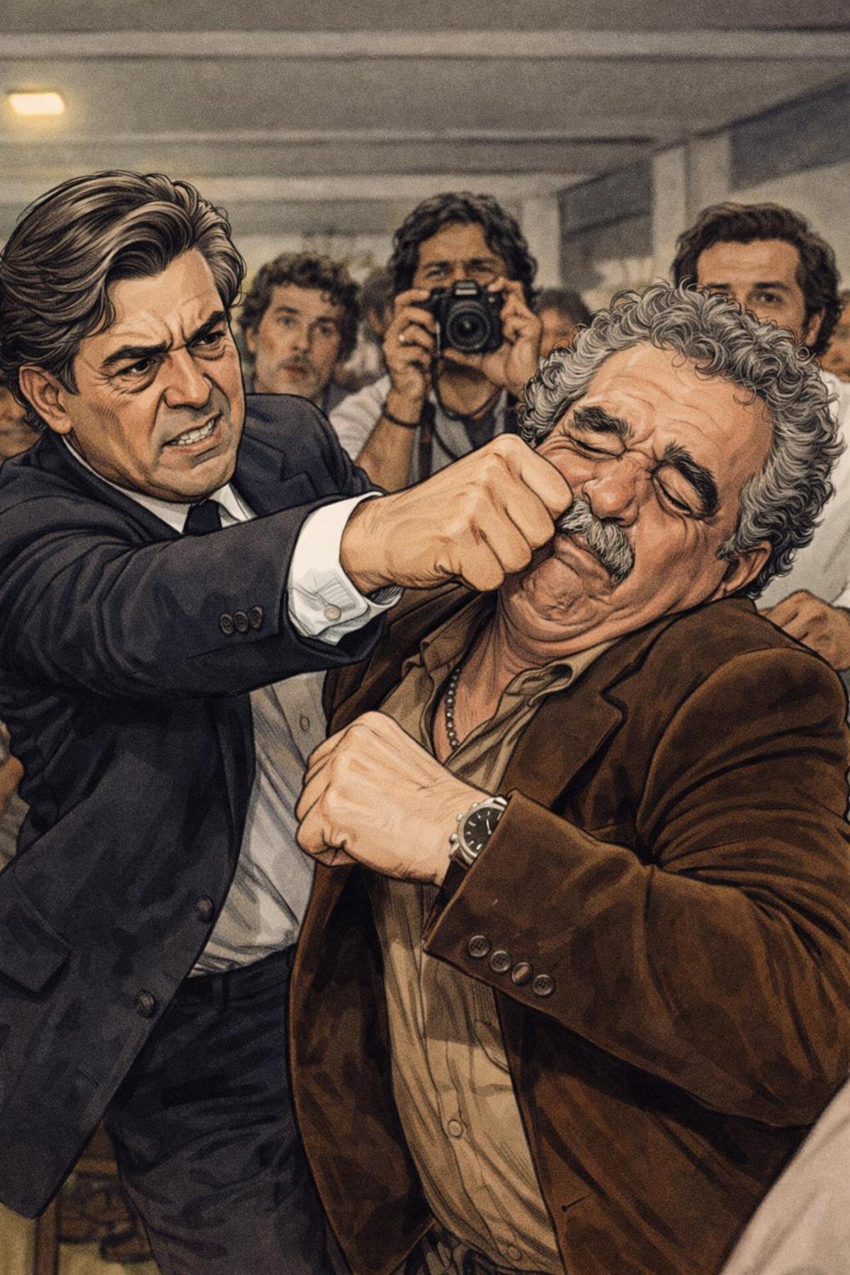 Recreación del puñetazo que Vargas Llosa le propinó a García Márquez