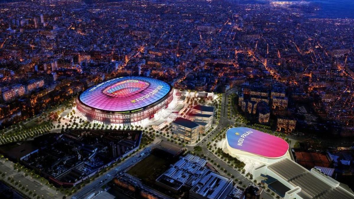 Una imagen nocturna de la maqueta del Espai Barça, con el Nou Camp Nou y el nuevo Palau Blaugrana.