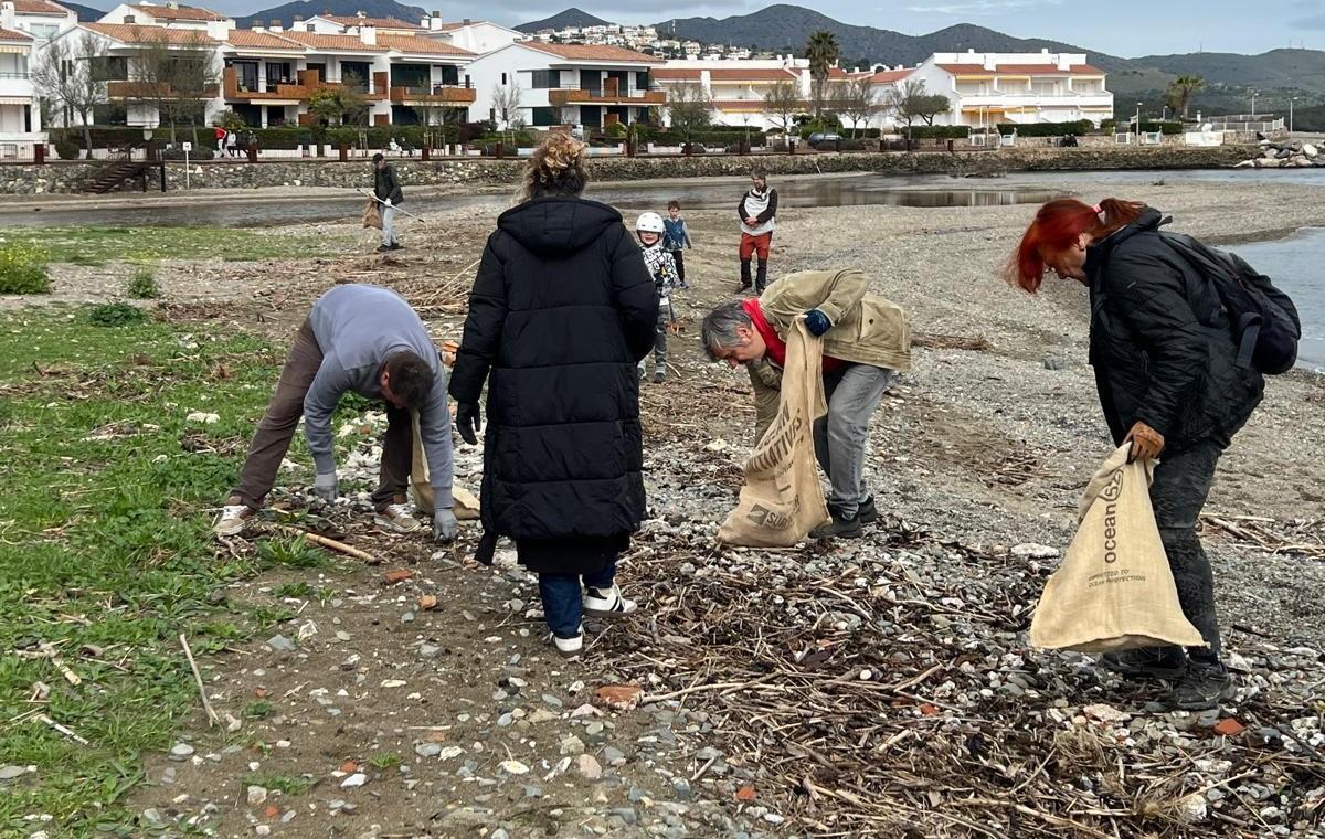 un moment de la neteja de la platja del Port de Llançà