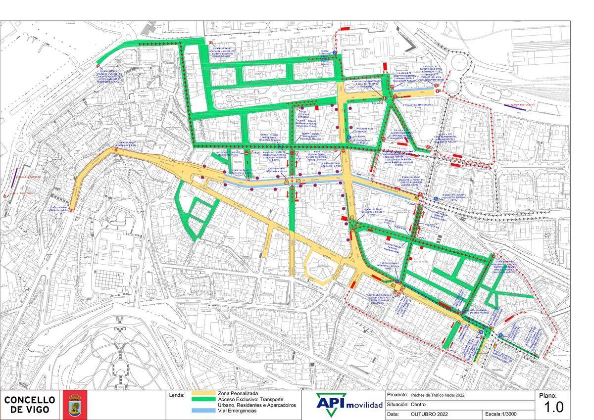 Plano de los cortes de tráfico en la Navidad en Vigo 2022.