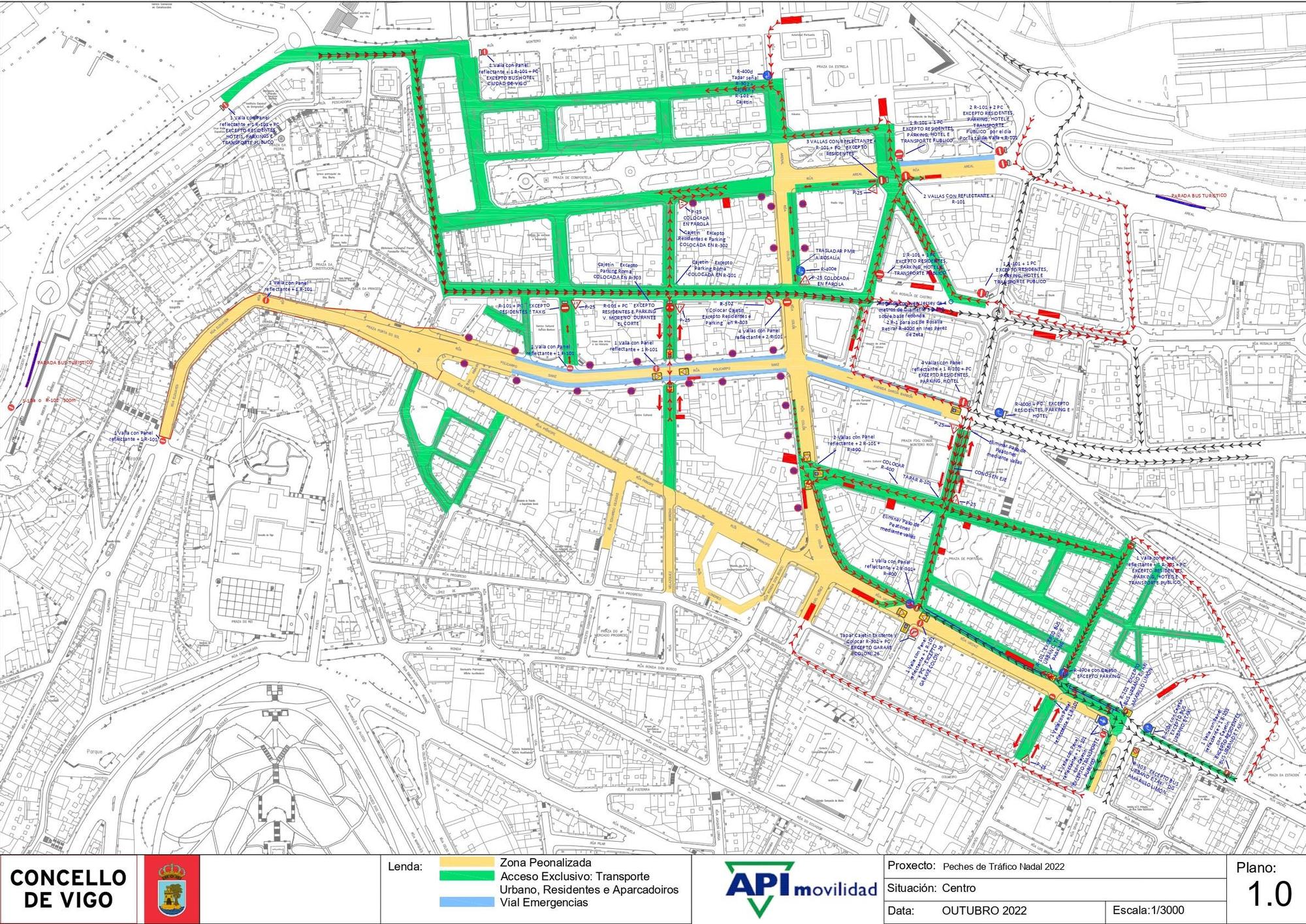 Plano de los cortes de tráfico en la Navidad en Vigo 2022.