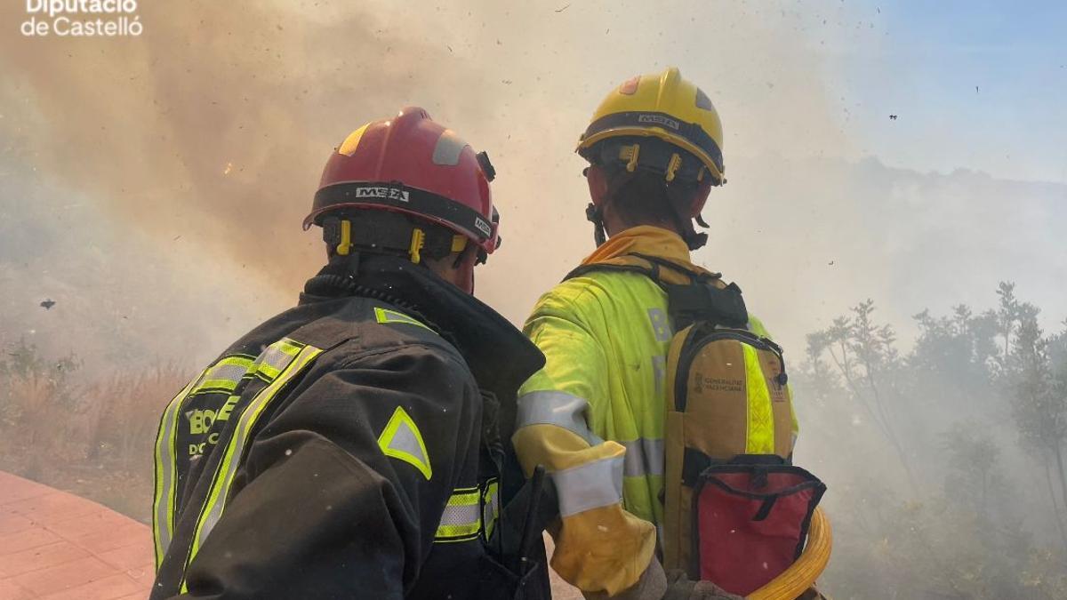 Dos bomberos forestales trabajan en la extinción del fuego forestal.