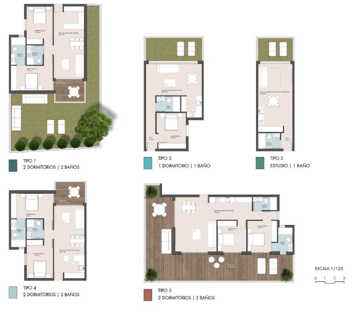 Las diversas tipologías: de las dos habitaciones y el amplio jardín y terraza al estudio de 30 m2 con el salón, la habitación y la cocina embutidos en 24,5 metros
