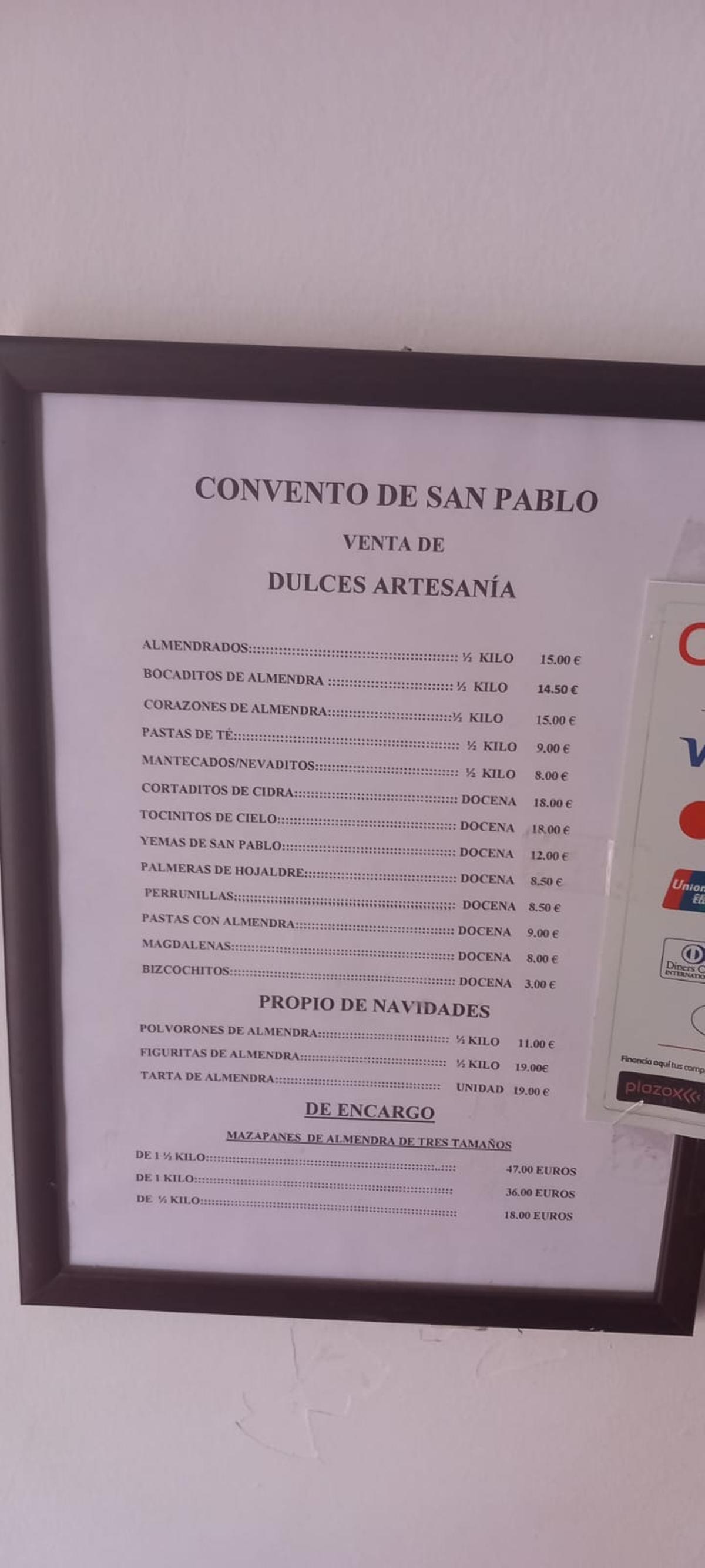 Imagen de los dulces a la venta en el convento.