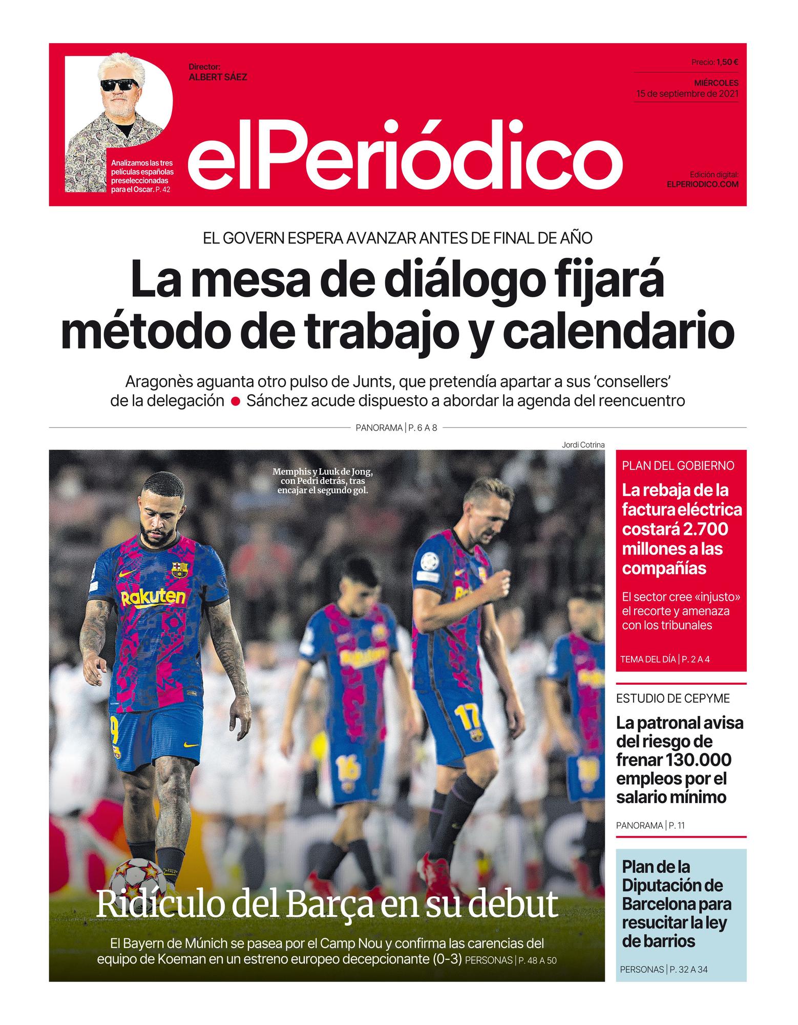 La portada de EL PERIÓDICO del 15 de septiembre del 2021