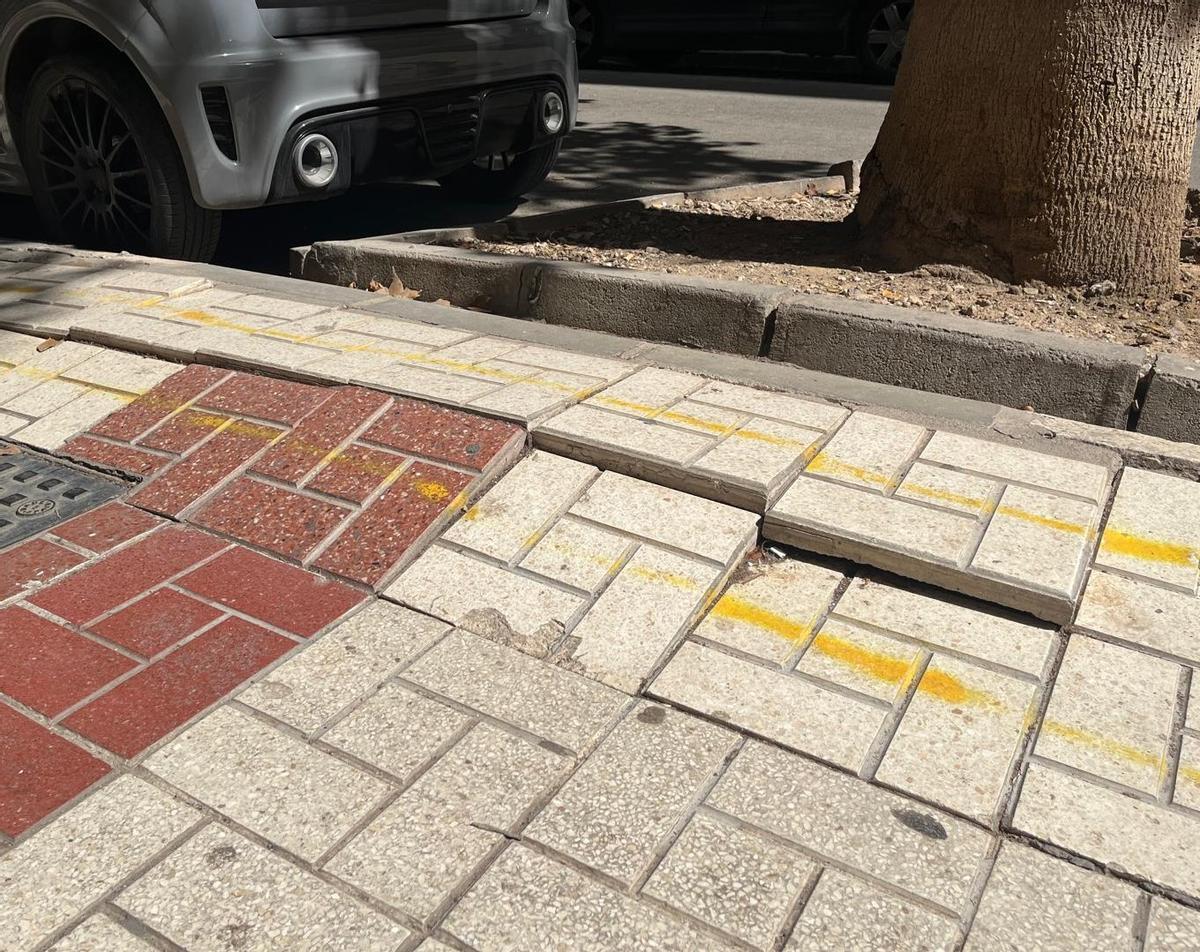 La acera en la calle Blanco Coris levantada por las ramas de los árboles