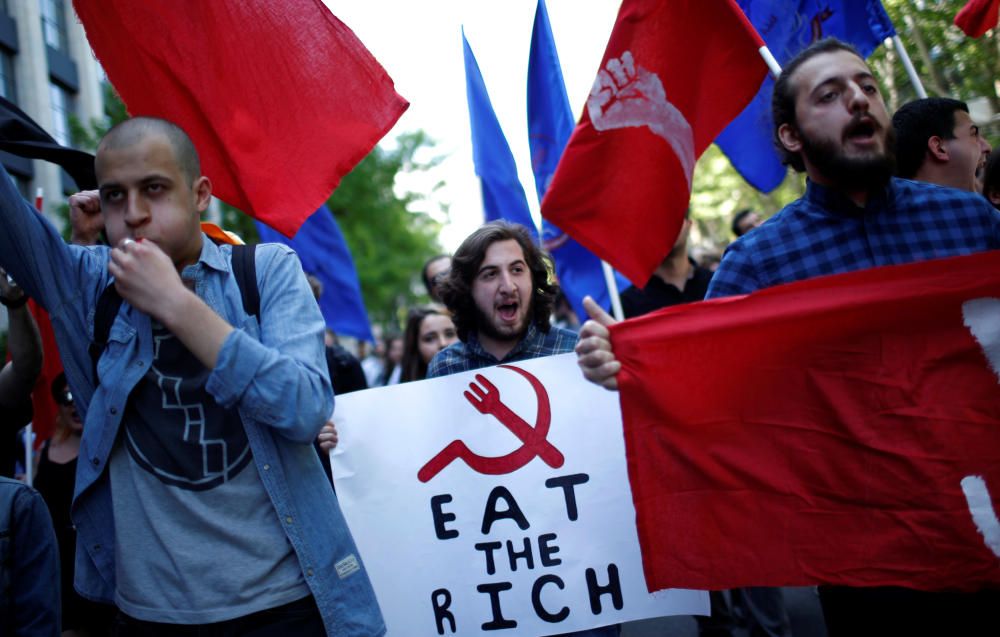 Students march during the May Day rally in Tbilisi