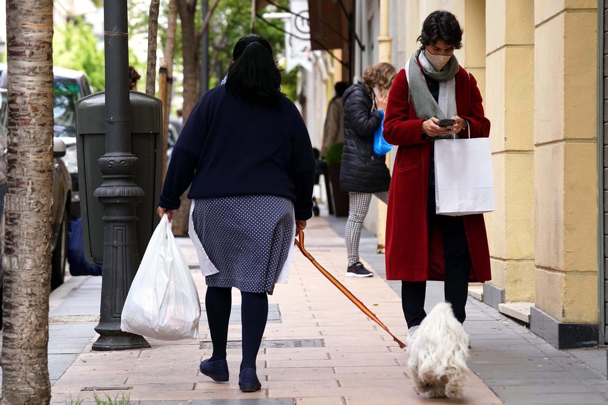 Ambiente en la calle Nuñez de Balboa. Una empleada de hogar pasea a la mascota familiar, atada con una correa de los colores de la bandera de España.