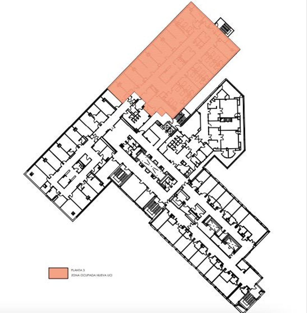 La zona anaranjada es la que ocupará la nueva uci pediátrica, en la tercera planta del Infantil.