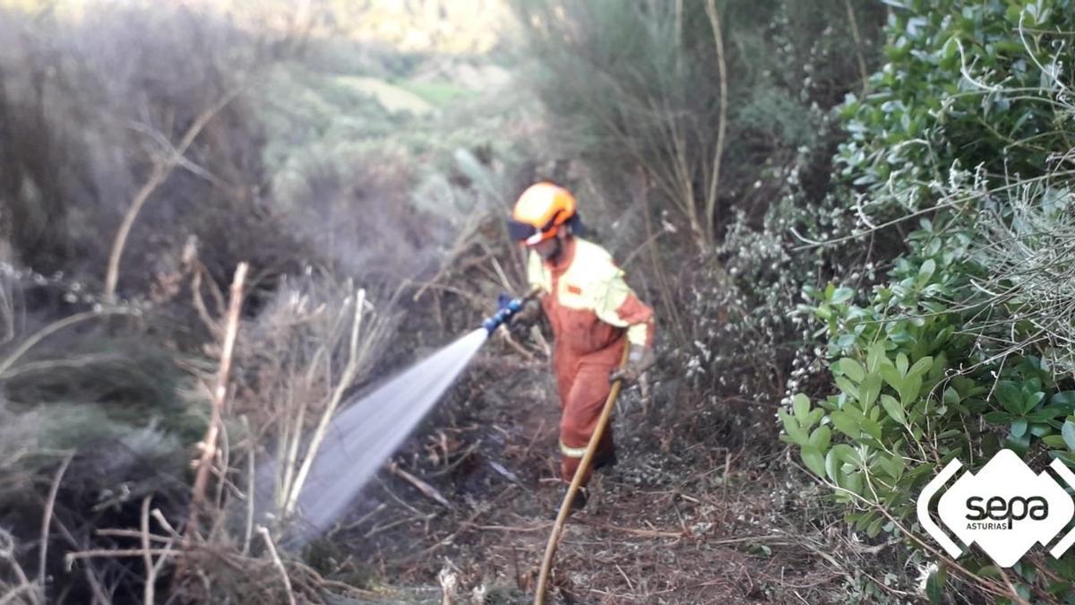 Bombero trabajando en labores de extinción de un incendio forestal en Ibias