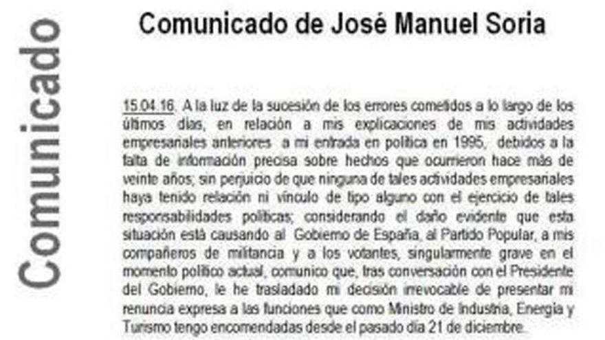 Comunicado íntegro de la renuncia de José Manuel Soria