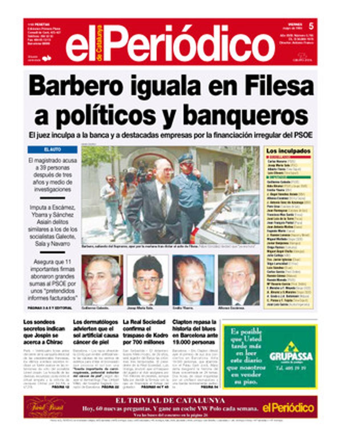 Barbero iguala a Filesa polítics i banquers. El jutge inculpa la banca i destacades empreses per finançament irregular del PSOE. Portada publicada el 5 de maig de 1995.