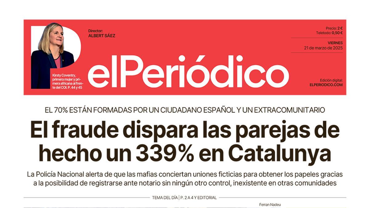 La portada de EL PERIÓDICO del 21 de marzo de 2025