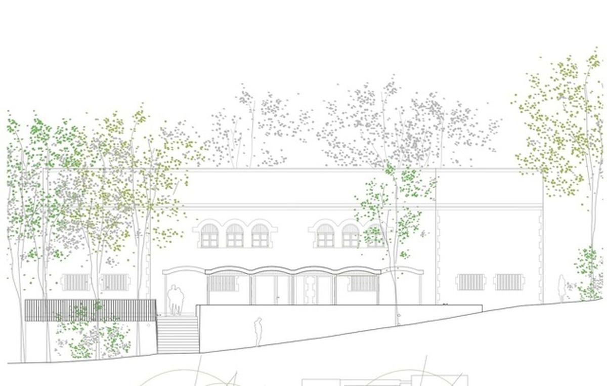 Imagen sobre plano de cómo será el aspecto exterior del albergue del Termet ya reformado.