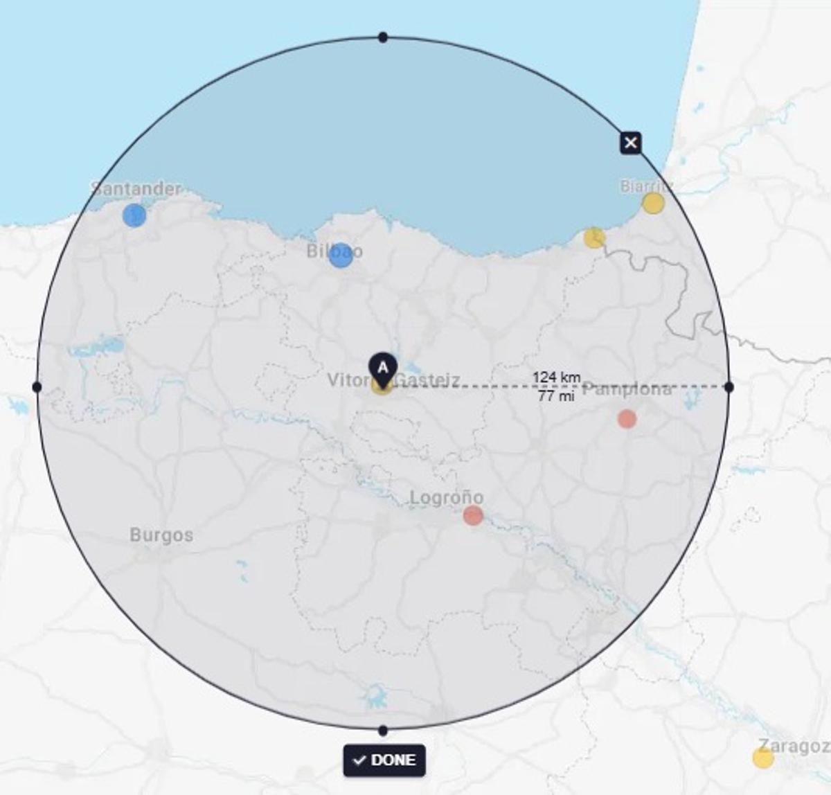 Aeropuertos con vuelos comerciales en un radio de 125 kilómetros desde Vitoria