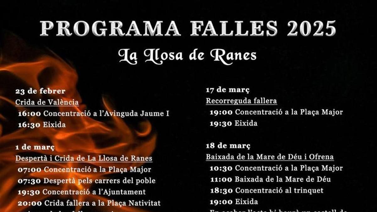 Con una despertà y el tradicional acto de la Crida, la Llosa de Ranes comenzará el próximo sábado, 1 de marzo, el programa de actas organizado por la Junta Local Fallera para la edición 2025 de las Fallas