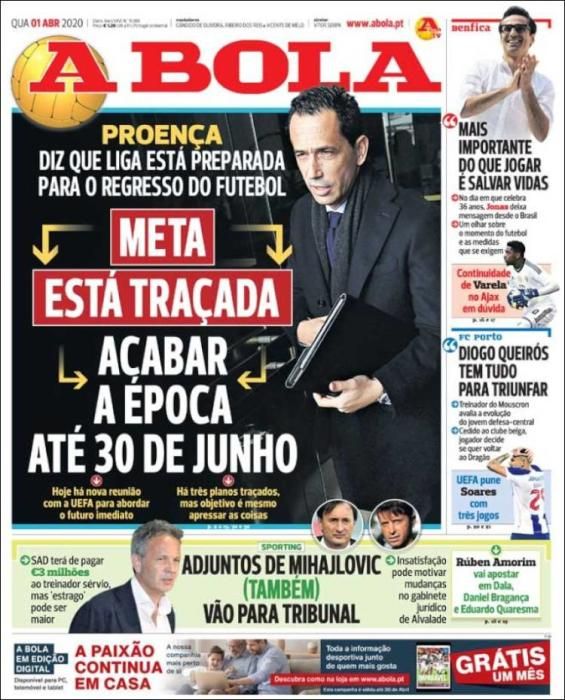 Portada A BOLA miércoles 1 abril 2020