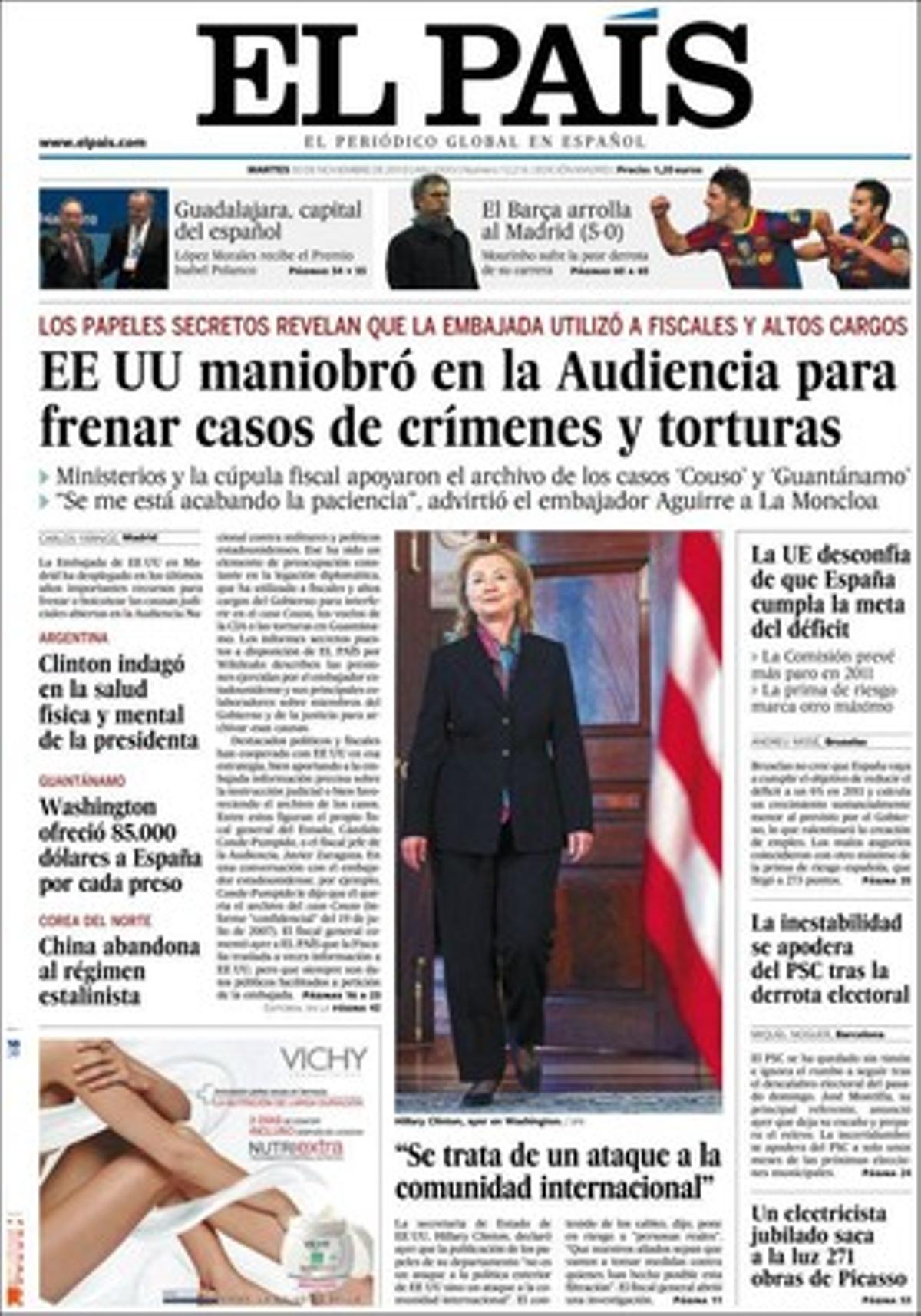 A més d’un ampli desplegament dels papers de Wikileaks que anuncia en portada, ’El País’ també dóna rellevància en pàgines interiors a l’anàlisi del vot del 28-N a Catalunya, i al fet que les pèrdues d’’El Mundo’ es van disparar el 2009 i van deixar al diari a prop de la fallida tècnica.