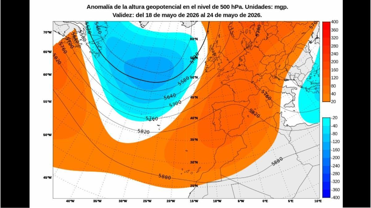 Anomalía de la altura geopotencial en Europa occidental y el norte de África, en mapa elaborado por la Aemet.