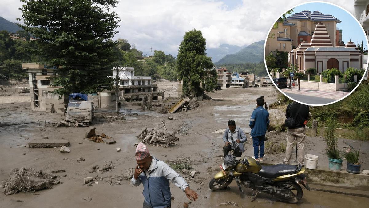 De fondo, las inundaciones de Nepal. En la circunferencia, el Templo Hindú de Benalmádena.