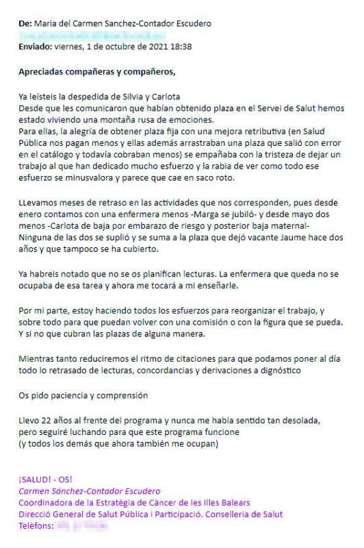 Correo remitido el 1 de octubre a los participantes en los cribados de mama.