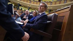 Alberto Nuñez Feijóo durante la sesión de Control al Gobierno en el Congreso. Junto a él, Cuca Gamarra y Miguel Tellado.