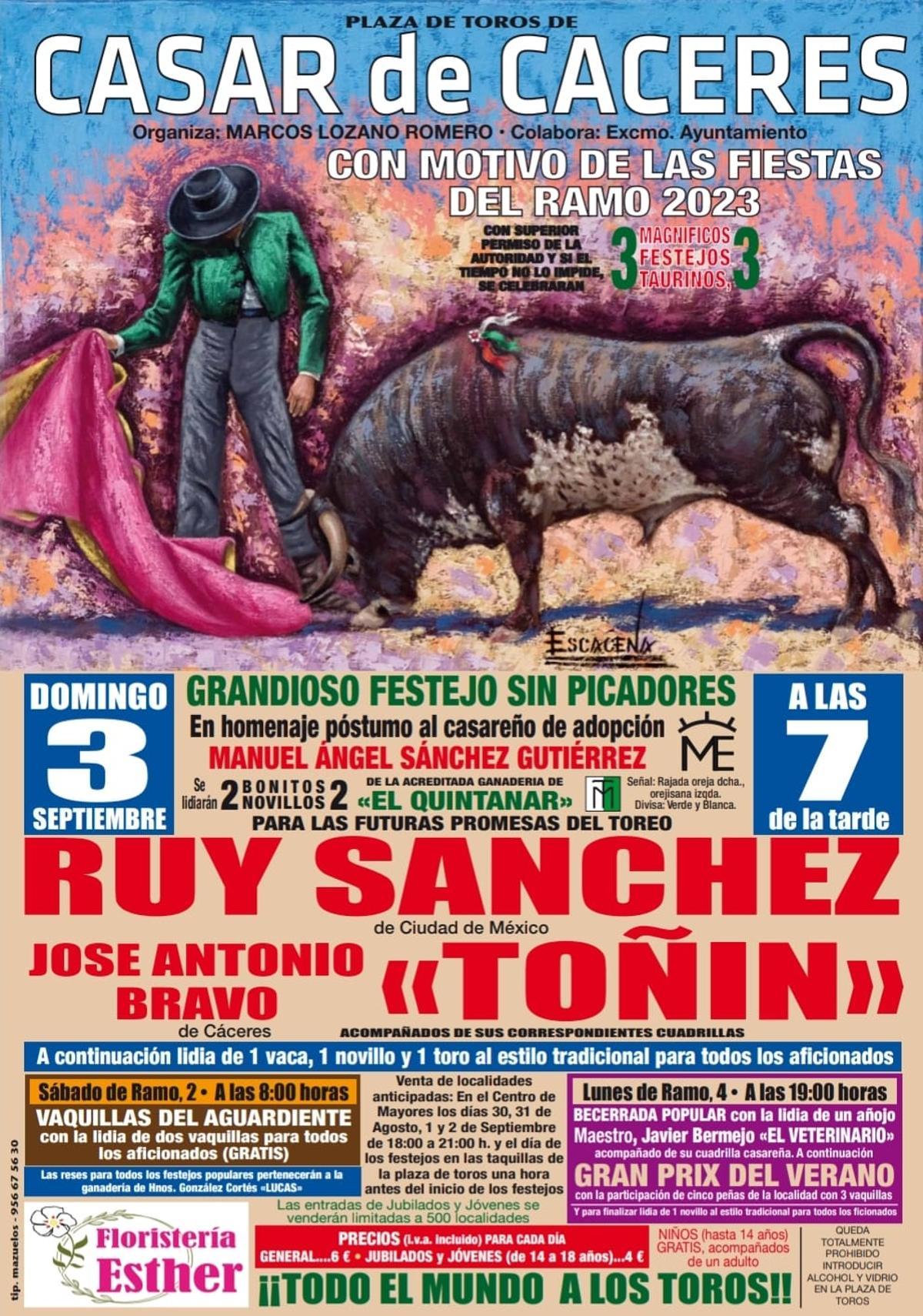 Cartel de Toros de las Fiestas del Ramo de Casar de Cáceres 2023.