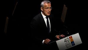 El secretario general de la OTAN, Jens Stoltenberg, interviene en el acto de conmemoración del 40º Aniversario del ingreso de España en la OTAN, en el Teatro Real, a 30 de mayo de 2022,