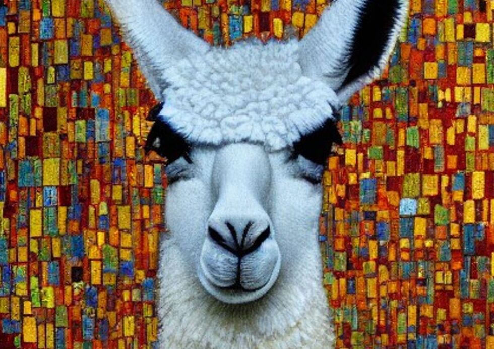 Una llama realista integrada en el estilo de Gustav Klimt según la inteligencia artificial Stable Diffusion.