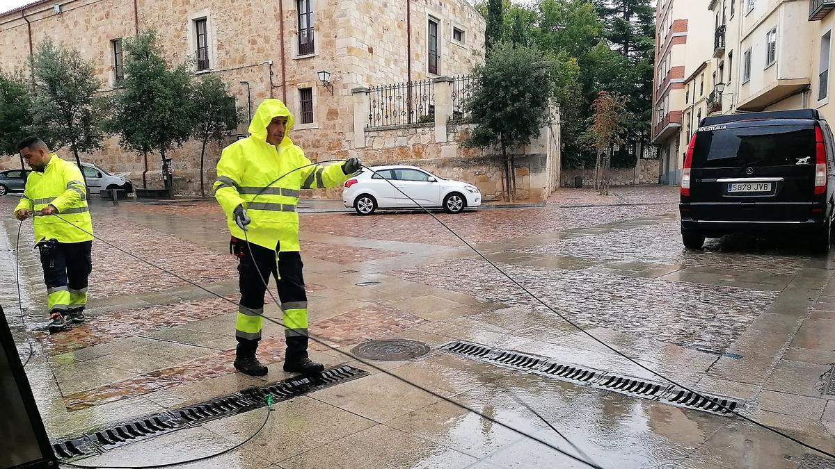 Operarios de la empresa que instala la fibra óptica en la plaza de Santa Lucía.