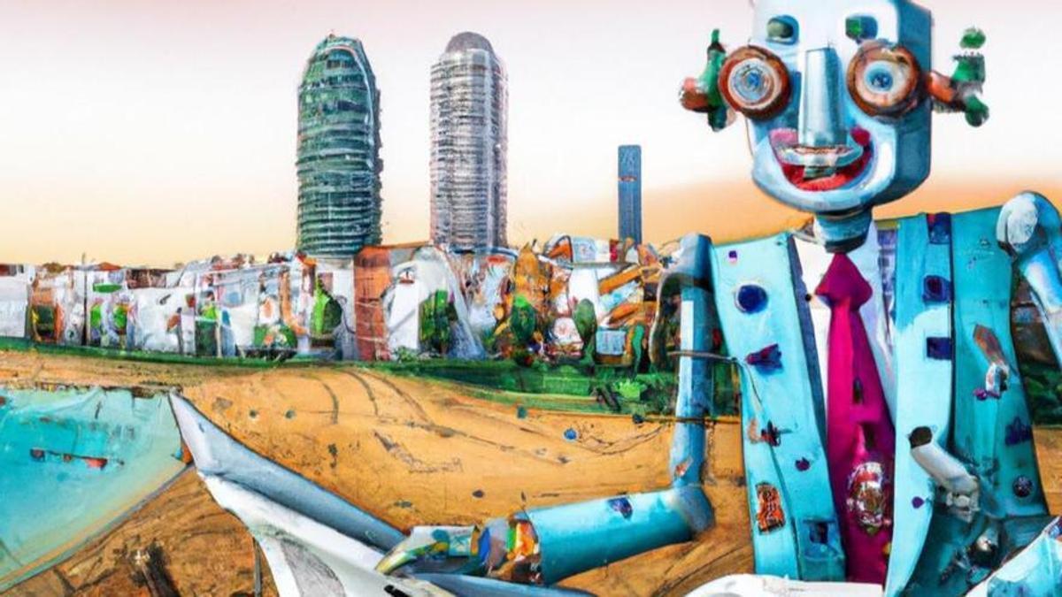 Creación de la IA Dall-E cuando le pides que dibuje a un robot leyendo un periódico en Barcelona. Creación de la IA Dall-E cuando le pides que dibuje a un robot leyendo un periódico en Barcelona.