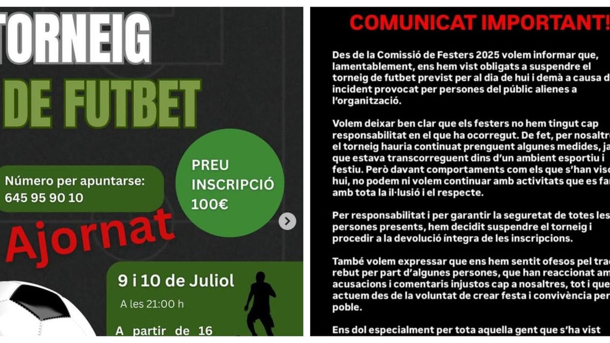 A la izquierda, cartel del campeonato de fubito de Barxeta. A la derecha, el comunicado por la decisión de cancerlarlo.