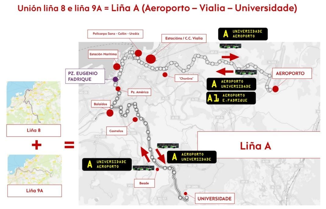 La nueva línea de Vitrasa pasa a denominarse A: Campus Universitario-Aeropuerto de Vigo.